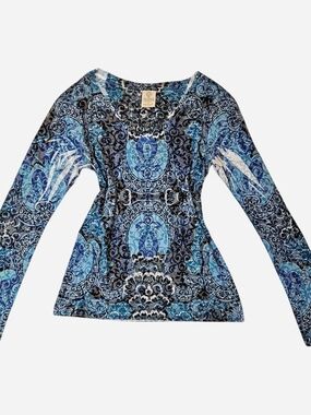 Balance Collection Y2K Style Blue Paisley Long Sleeve Scoop Neck Top Whimsy M